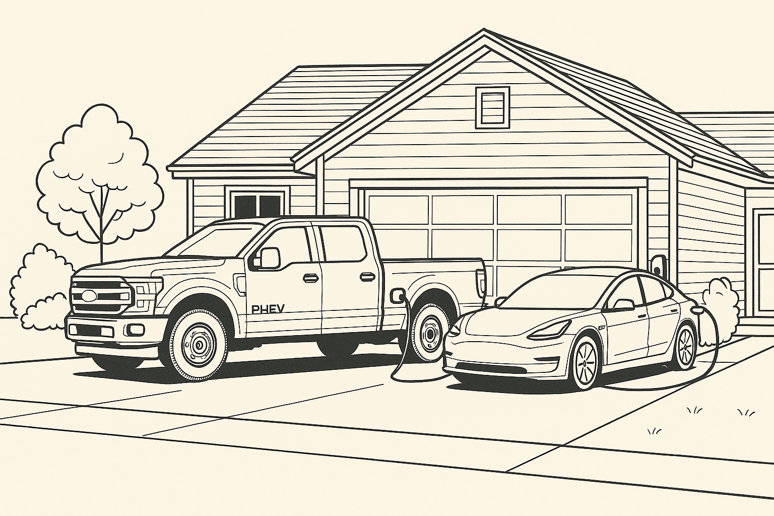 PHEV Truck and EV car in driveway